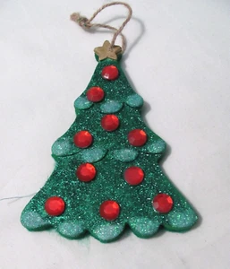 HAND DECORATED CHRISTMAS TREE ORNAMENT W/ GLITTER AND RED EMBELLISHMENTS - Picture 1 of 6