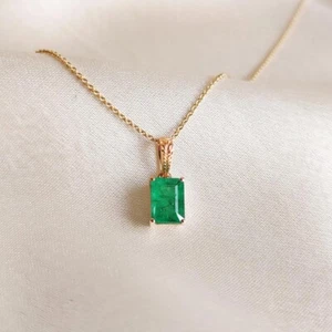 Emerald Solitaire Necklace Solid 14k Yellow Gold Pendant May Birthstone Gift - Picture 1 of 5