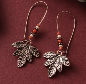 Botanical Leaf Earrings Rose Gold Tone Drop Nature Design Dangle Boho Bead - Picture 1 of 1