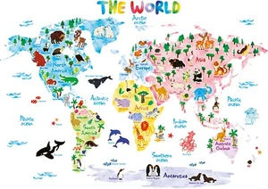 Pegatinas de pared extraíbles DECOWALL DL3-1615 mapa del mundo animal guardería niños (X-GRANDE) - Imagen 1 de 8