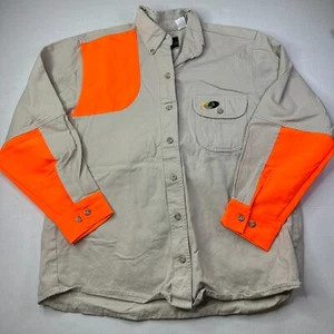 Mossy Oak Shoulder Padded Shooting Shirt Mens Size M Hunting Beige Blaze Orange - Picture 1 of 5