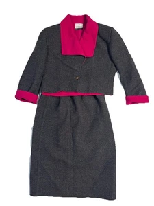 Vintage 1980's Halston Wool Cropped Jacket Skirt Suit Set Thick Pink Gray - Picture 1 of 9