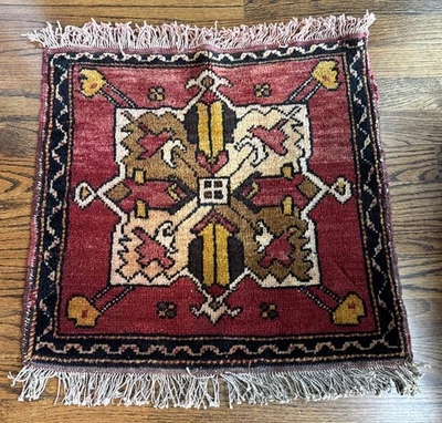 Vintage Red Cream Turkish Rug Oushak Hand Knotted Wool Carpet Mat 20.5 X 19” - Image 1 of 4