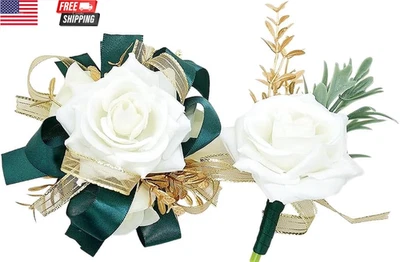Ivory Rose Wrist Corsage Wristlet Band Bracelet and Men Boutonniere Set with Dar - Image 1 of 4