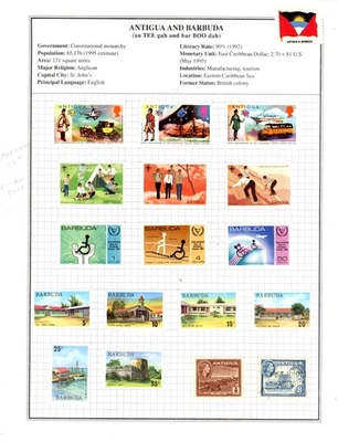 ANTÍGUA E BARBUDA--Lote de 106 selos e 4 folhas de lembrança montadas em páginas - Imagem 1 de 4