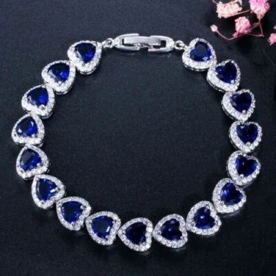 Charming Royal Blue Heart Shape 50+ CT Sapphire & White CZ Tennis Fine Bracelets - Image 1 of 4