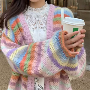 Women Rainbow Striped Cardigan Sweater Jumper Knitwear Multicolor Loose Soft - Picture 1 of 8
