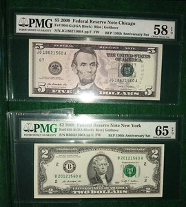 2009 $5 & $2 Pair PMG 58 & 65 BEP 150th Anniversary Set New York Chicago - Picture 1 of 2