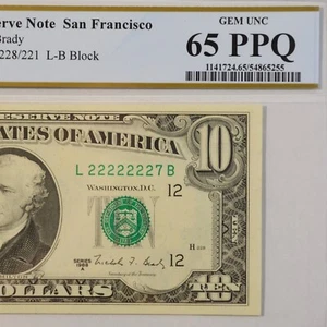 $10 Fancy Serial Note 7 In A Row Near Solid Series 1988A PCGS 65PPQ - L22222227B - Picture 1 of 4