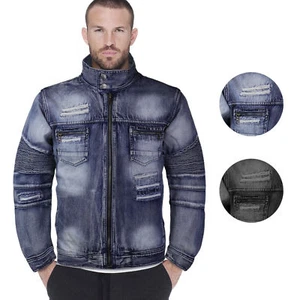 Contender Men's Distressed Multi Pocket Zip Up Cotton Denim Jean Jacket 9DJ03 - Picture 1 of 5