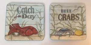 Kate McRostie Two 8 3/4" Certified Intl Square Plates Catch of the Day/BlueCrabs - Picture 1 of 12