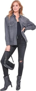 New YMI Woman Oversized Denim Shacket Shirt Jacket Gray Jean Button Up Sz Large - Picture 1 of 4