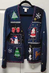 Vintage REFERENCE POINT Women's Embellished Christmas Cardigan -BLUE-Size LARGE - Picture 1 of 24