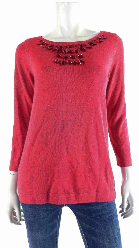 Joseph A 女式红色金属针织串珠领长袖毛衣上衣 S 全新带标签 — 第 1/1 张图片