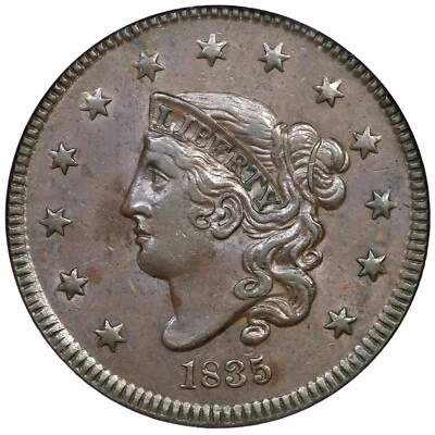 1835 N-2 R-3 NGC AU 58 Sm 8 Matron or Coronet Head Large Cent Coin 1c - Image 1 of 3
