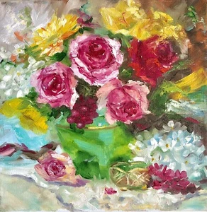 10x10” Original Oil Painting Canvas Rose Flowers Still Life Signed By Artist - Picture 1 of 9