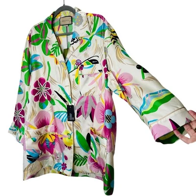 全新带标签古驰丝绸棕褐色粉色蓝色多花叶印花衬衫 46 / XL — 第 1/4 张图片