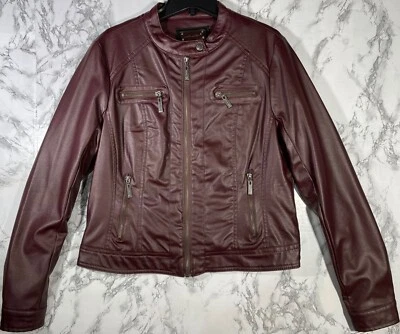 Joujou Womens Juniors Size Large Vegan Leather Jacket Maroon Faux Fur Lining Zip - Image 1 of 4