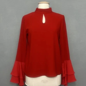 Patrizia Luca Womens Top M Red Classic Blouse Keyhole Bell Sleeves Office Siren - Picture 1 of 14