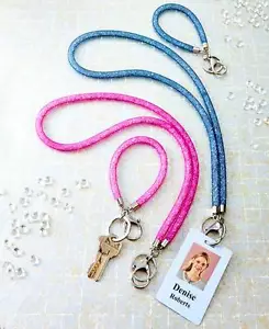 Jewel Filled Mesh Lanyard Badge Holder or Wristlet in Pink or Blue Silver Metal - Picture 1 of 15