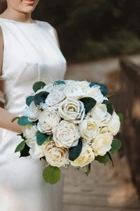 White Cream Bridal Bouquet Sola Wood Bridesmaid Flower Artificial Wedding Decor - Picture 1 of 7