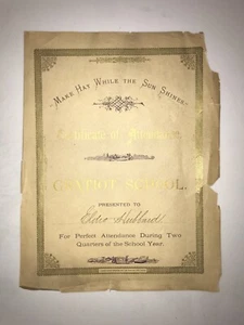 Vtg School Perfect Attendance Certificate Gratiot School St Louis MO circa 1900 - Picture 1 of 4