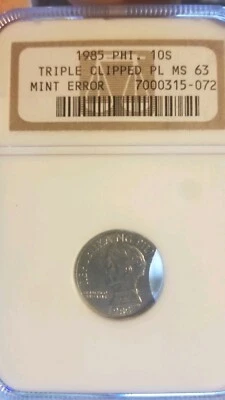 MS63 Mint Error NGC Proof Like 1985 Philippine 10 Sentimo Triple Clip! - Image 1 of 4