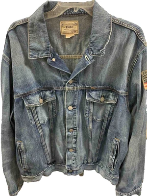 Polo Ralph Lauren Jacket Blue Denim Trucker Flag Patch Vintage Men XXL NEW - Image 1 of 4