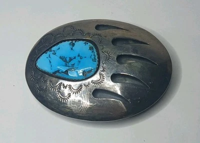 Hebilla de cinturón turquesa pata de oso turquesa plata esterlina firmada de colección Foto 1 de 4