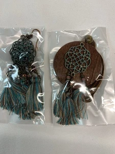 NWT Necklace And Earrings Set, Teal Color Tassel, Wood Medallion On Necklace - Picture 1 of 4