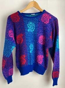 Maglione donna vintage lavorato a maglia grande floreale anni 80 UK Anita acrilico retrò funky - Foto 1 di 7