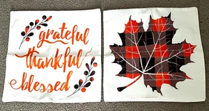🌾SET 2 PILLOW COVERS 17.5" SQUARE GRATEFUL THANKFUL BLESSED & PLAID LEAF DESIGN - Picture 1 of 8