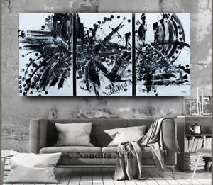 Black White Framed Abstract Painting Triptych 3D Modern Wall Art Home Decor - Picture 1 of 2