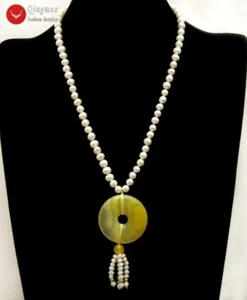Collar colgante natural redondo blanco perla y donas ágata amarilla de 30 mm joyería - Imagen 1 de 18