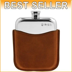 Luxury 6oz Pewter Hip Flask with Genuine Leather Pouch - Sheffield Craftsmanship - Picture 1 of 8