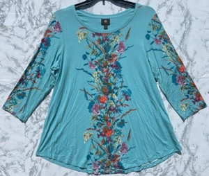 JM Collection Damen 3/4 Ärmel Blumendruck Tunika Top 1X Blau Viskose Mischung - Bild 1 von 7