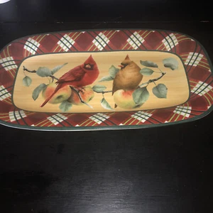 LENOX WINTER GREETINGS EVERYDAY PLATTER 14-1/2" MALE & FEMALE CARDINAL TARTAN - Picture 1 of 3