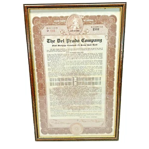 Antique Del Prado Company Mortgage Gold Bond Stock Certificate 1922 Framed - Picture 1 of 13