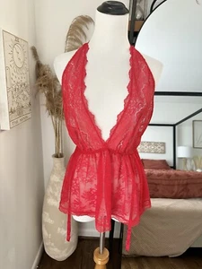 Victoria’s Secret Size Medium Red Lace Halter Babydoll Garter Lingerie - Picture 1 of 5