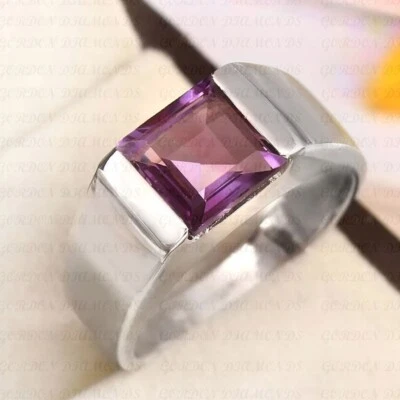 5.00ct Princess Cut Natural Amethyst Solitaire Men's Ring 18K White Gold Plated - Image 1 of 4