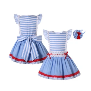 Girls Dress Age 3 4 5 6 8 10 12 Spanish Blue Striped Dress Birthday Party Outfit - Picture 1 of 12