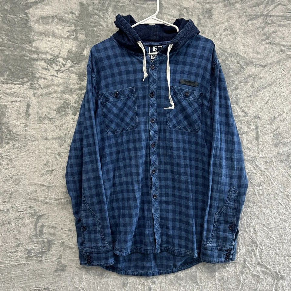 Camisa PRPS Goods & Co Para Hombres 2XL Azul Cuadros Franela con Capucha Cordón Dobladillo Curvo Foto 1 de 4