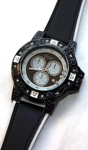 NEW Geneva 3251 Men's Classy Black Leather Floating Crystals Bling Large Watch - Picture 1 of 3