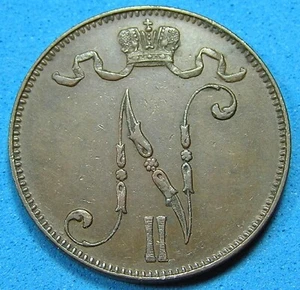 Finland 5 Pennia Copper Coin 1907 Nicholas II, KM-15, 25 mm, Combined Shipping - Picture 1 of 2