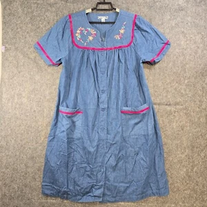 Go Softly Robe Women Medium Blu Chambray Full Snap Front Floral Embroidery Patio - Picture 1 of 13