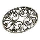 Fleur De Lis Oval Trivet Cast Iron Gold Patina Ornate Scrolls Antique Style