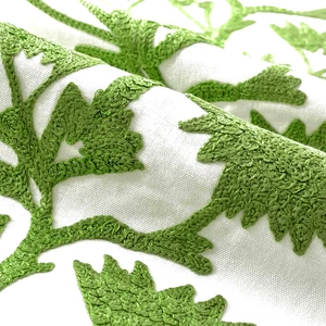 Embroidered Crewel floral vine organic green and off white Upholstery Fabric - Picture 1 of 3