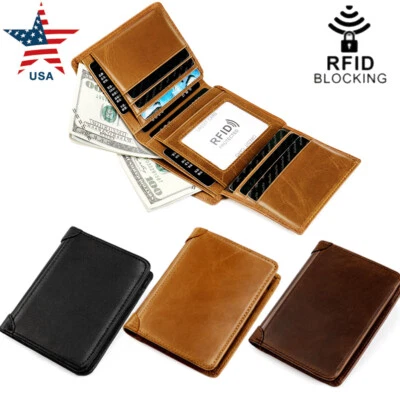 Cartera sin asas corta con bloqueo RFID de cuero triple pliegue con soporte para tarjeta de crédito Foto 1 de 4