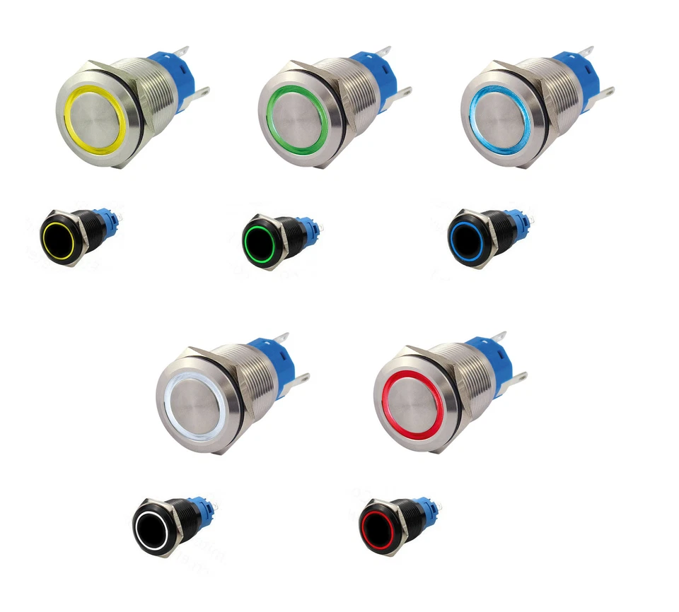 Druck-Taster / Schalter Edelstahl IP67 16 mm LED Ring Schließer Öffner