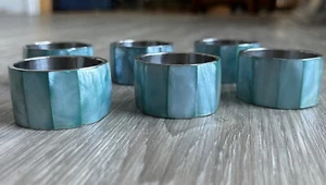 Set Of Six Mother Of Pearl Napkin Rings Turquoise Blue Shimmery - Picture 1 of 8